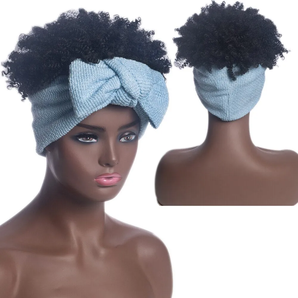 High Puff Turban Ponytail Short Kinky Curly Headwrap Drawstring Wrap-Ponytail 2 in 1 Updo Head-Wrap Wig