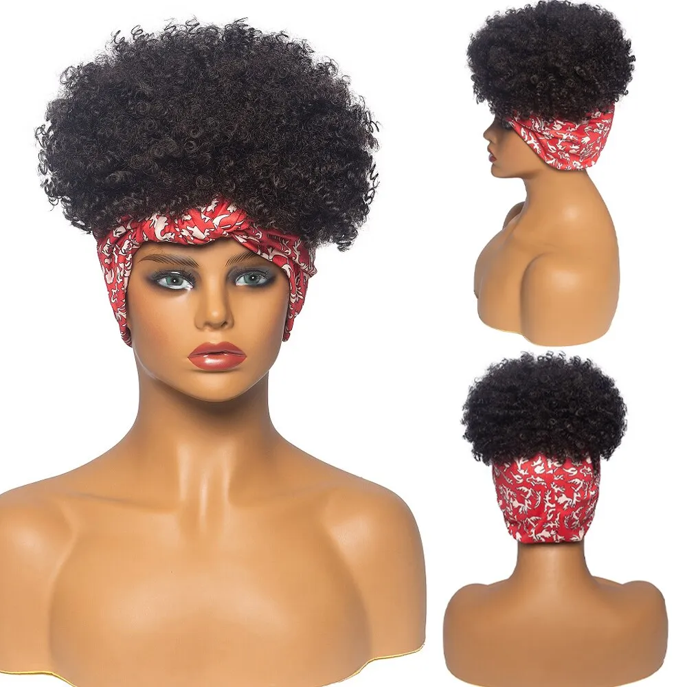 High Puff Turban Ponytail Short Kinky Curly Headwrap Drawstring Wrap-Ponytail 2 in 1 Updo Head-Wrap Wig