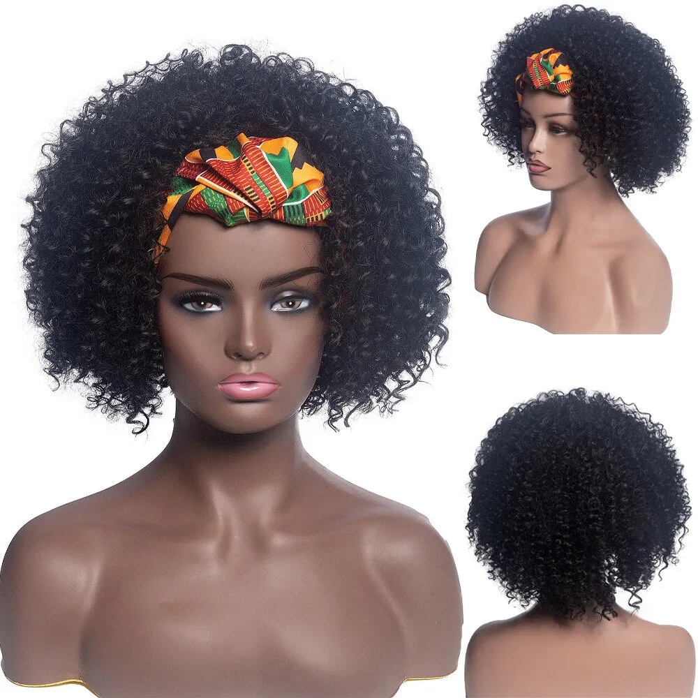 High Puff Turban Ponytail Short Kinky Curly Headwrap Drawstring Wrap-Ponytail 2 in 1 Updo Head-Wrap Wig