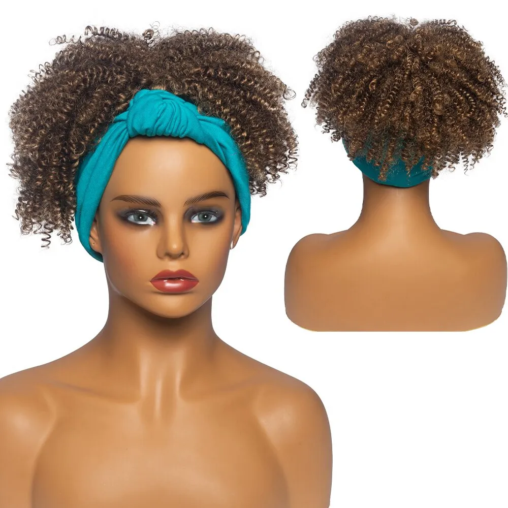 High Puff Turban Ponytail Short Kinky Curly Headwrap Drawstring Wrap-Ponytail 2 in 1 Updo Head-Wrap Wig