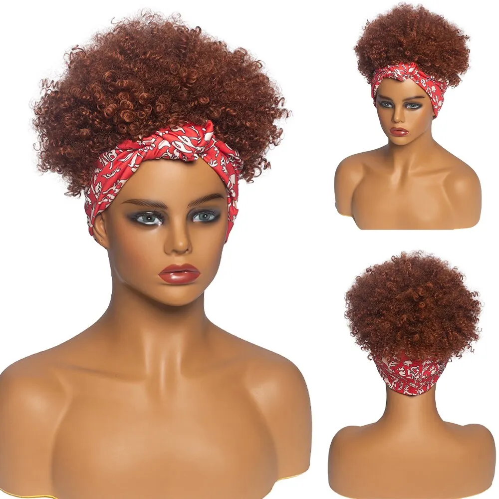 High Puff Turban Ponytail Short Kinky Curly Headwrap Drawstring Wrap-Ponytail 2 in 1 Updo Head-Wrap Wig