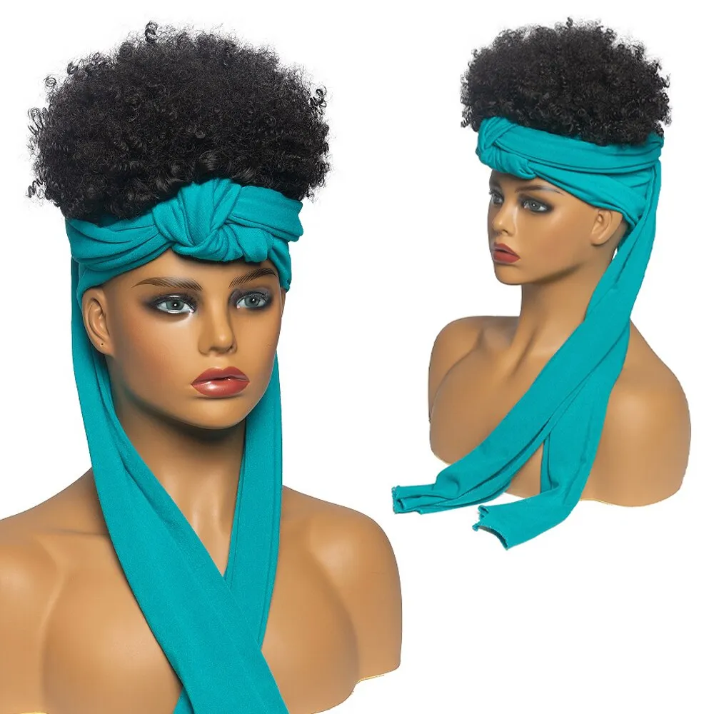 High Puff Turban Ponytail Short Kinky Curly Headwrap Drawstring Wrap-Ponytail 2 in 1 Updo Head-Wrap Wig