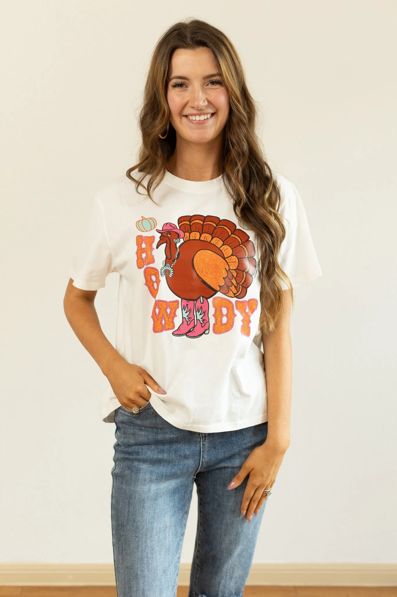 Howdy Turkey on White Blank Tee Shirt