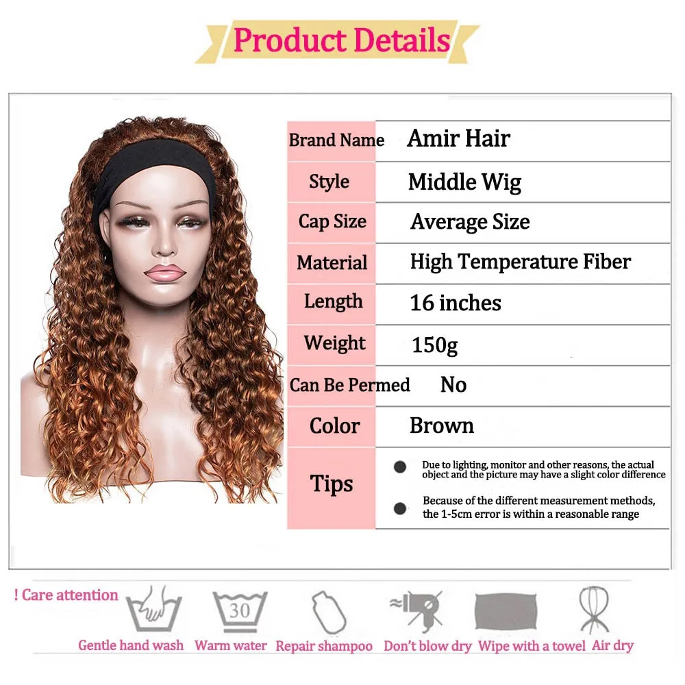 Kinky Curly Headband Wigs For Afro Women Brown Synthetic Wigs Medium Length Heat Resistant Daily Wig