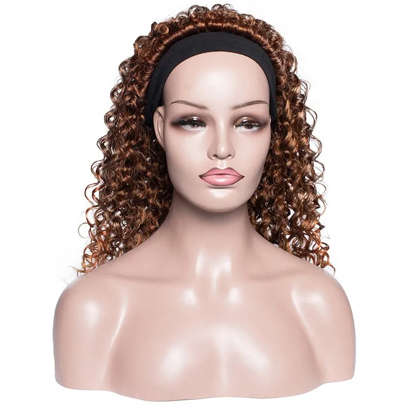 Kinky Curly Headband Wigs For Afro Women Brown Synthetic Wigs Medium Length Heat Resistant Daily Wig