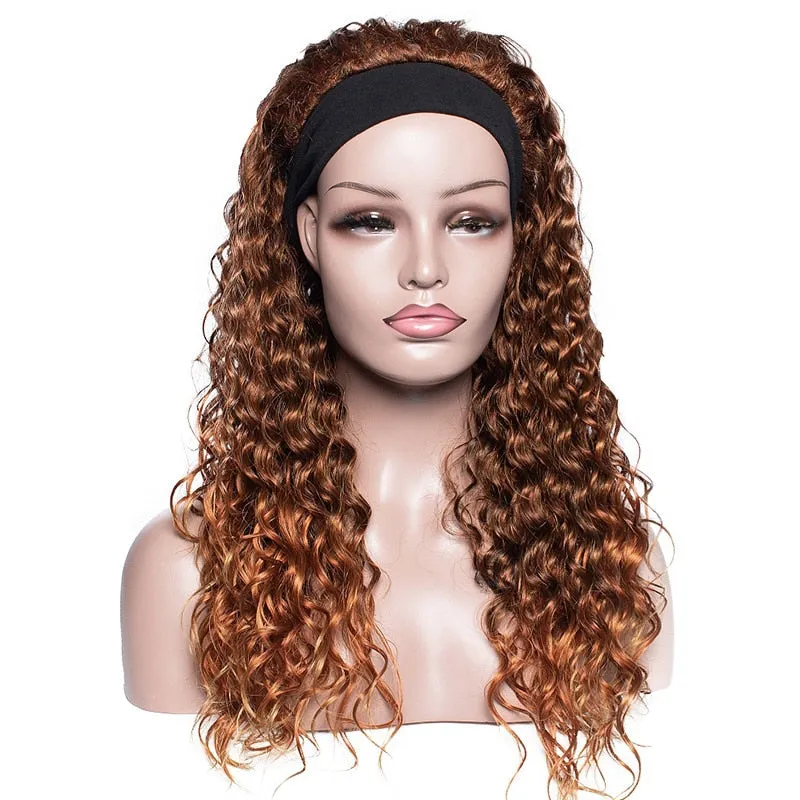 Kinky Curly Headband Wigs For Afro Women Brown Synthetic Wigs Medium Length Heat Resistant Daily Wig