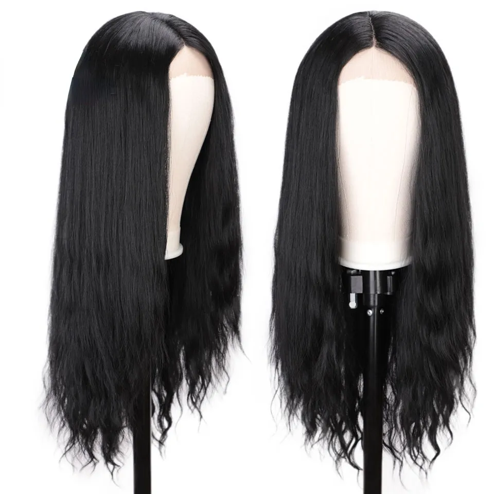 Lace Front Wig Black Long Natural Wavy Mid-Point Synthetic Wigs for Women Natural Hairline Full Wigs