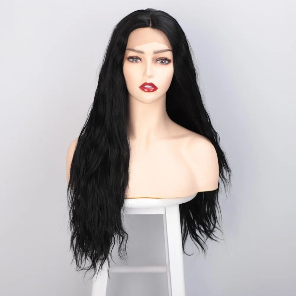 Lace Front Wig Black Long Natural Wavy Mid-Point Synthetic Wigs for Women Natural Hairline Full Wigs