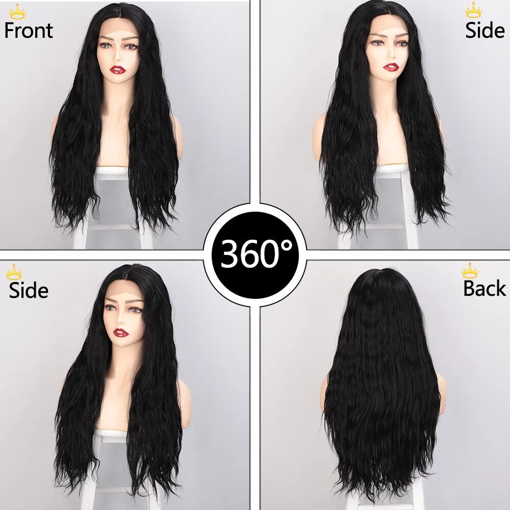 Lace Front Wig Black Long Natural Wavy Mid-Point Synthetic Wigs for Women Natural Hairline Full Wigs