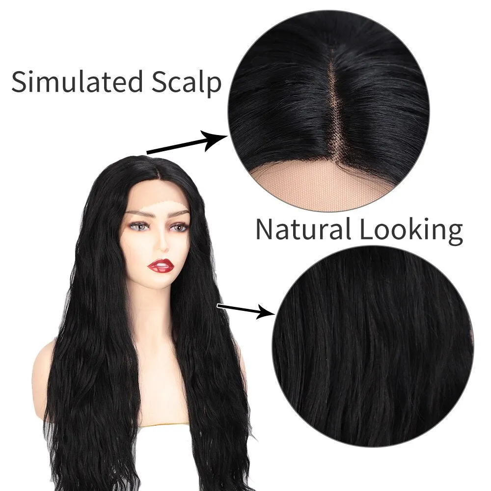 Lace Front Wig Black Long Natural Wavy Mid-Point Synthetic Wigs for Women Natural Hairline Full Wigs