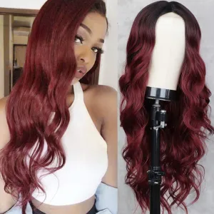 Long Body Wave Red Wig Synthetic Wigs  Natural Middle Part  Wig Brown Black Cosplay Hairs