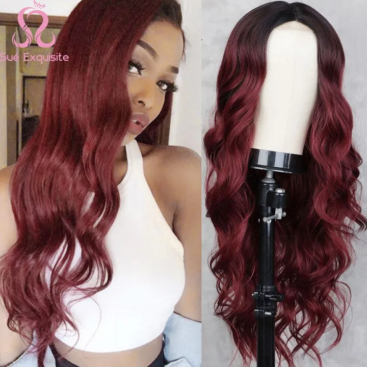 Long Body Wave Red Wig Synthetic Wigs  Natural Middle Part  Wig Brown Black Cosplay Hairs