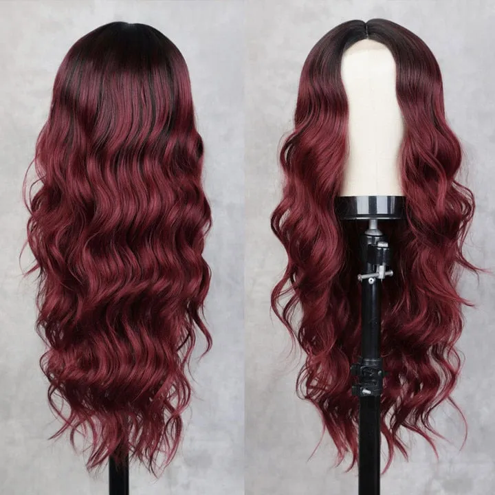 Long Body Wave Red Wig Synthetic Wigs  Natural Middle Part  Wig Brown Black Cosplay Hairs