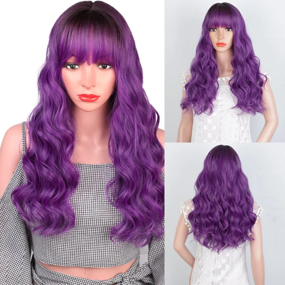 Long Wavy Synthetic Wigs With Bangs  Multi Color Heat Resistant Fiber Natural Cosplay Hair Wigs