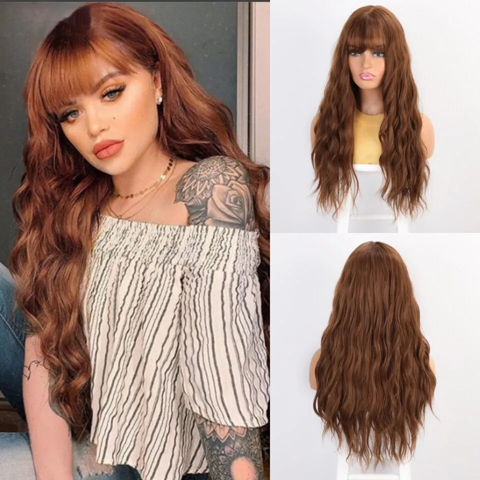 Long Wavy Synthetic Wigs With Bangs  Multi Color Heat Resistant Fiber Natural Cosplay Hair Wigs