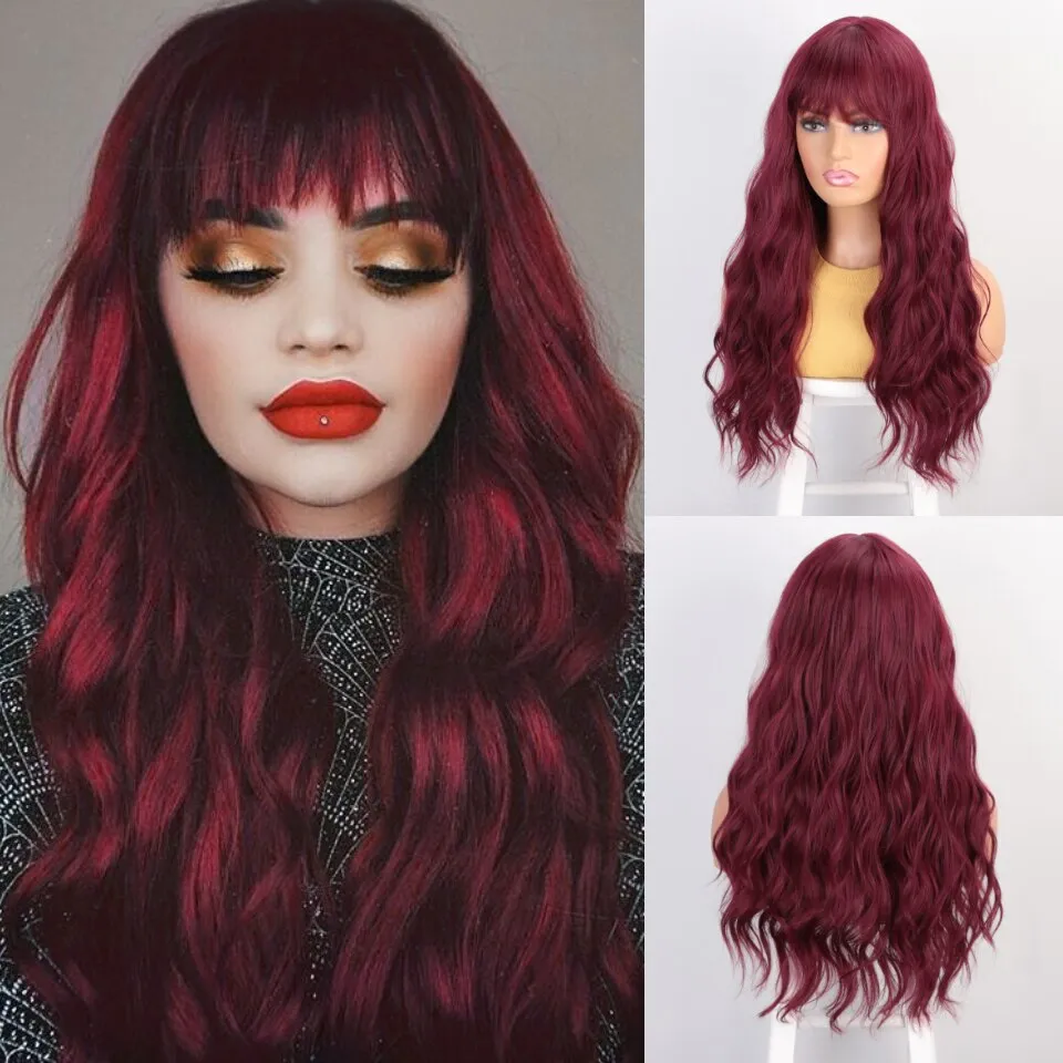 Long Wavy Synthetic Wigs With Bangs  Multi Color Heat Resistant Fiber Natural Cosplay Hair Wigs