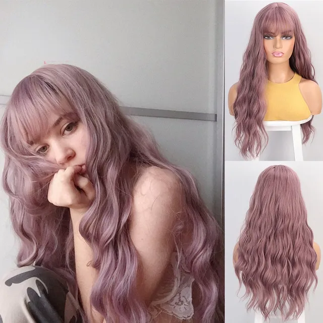 Long Wavy Synthetic Wigs With Bangs  Multi Color Heat Resistant Fiber Natural Cosplay Hair Wigs