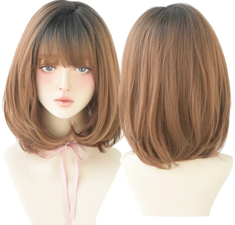 Noble Ombre Brown Ash Short Straight Synthetic Wigs For Women Christmas Cosplay Heat Resistant Hair Glueless Wig