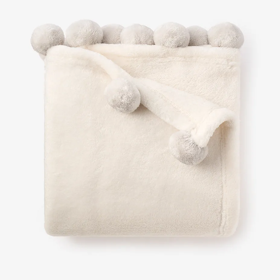 Pale Gray Pom Trim Fleece Baby Stroller Blanket