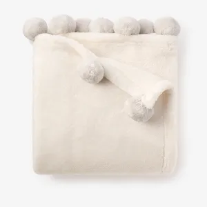 Pale Gray Pom Trim Fleece Baby Stroller Blanket