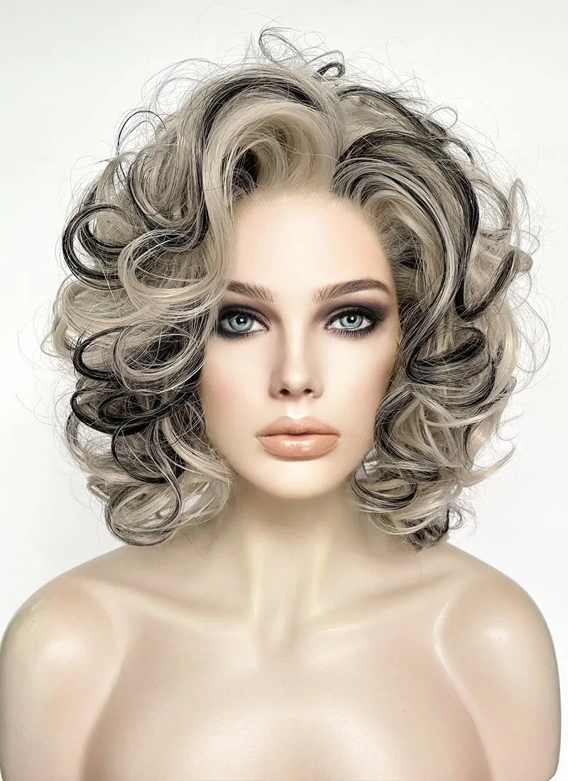 Pastel Blondish Grey Mixed Black Curly Lace Front Synthetic Hair Wig LN6034