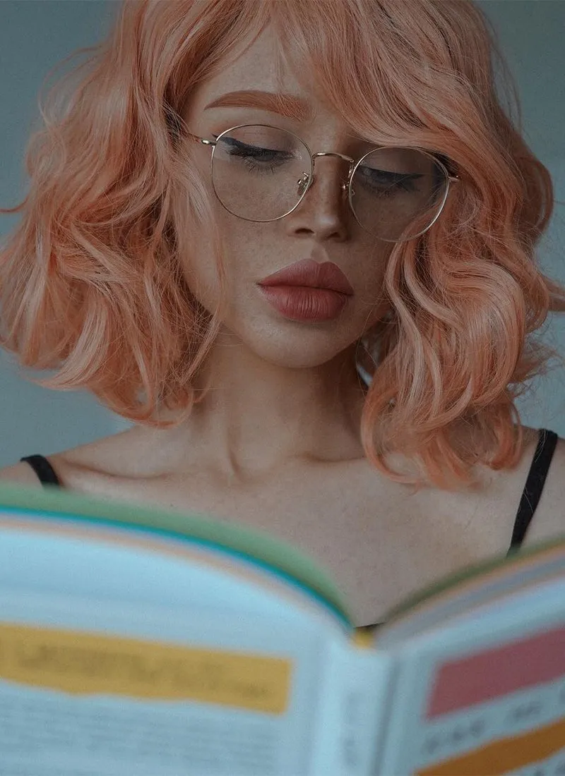 Pastel Peach Pink Wavy Bob Synthetic Wig CM197