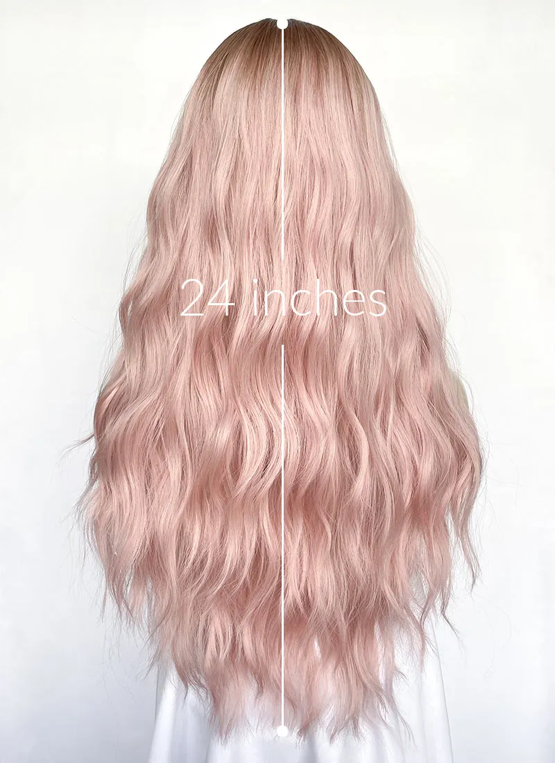 Pastel Pink With Brown Roots Wavy Synthetic Hair Wig NS516