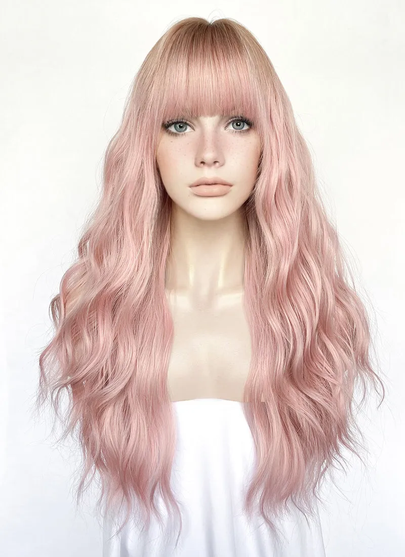 Pastel Pink With Brown Roots Wavy Synthetic Hair Wig NS516