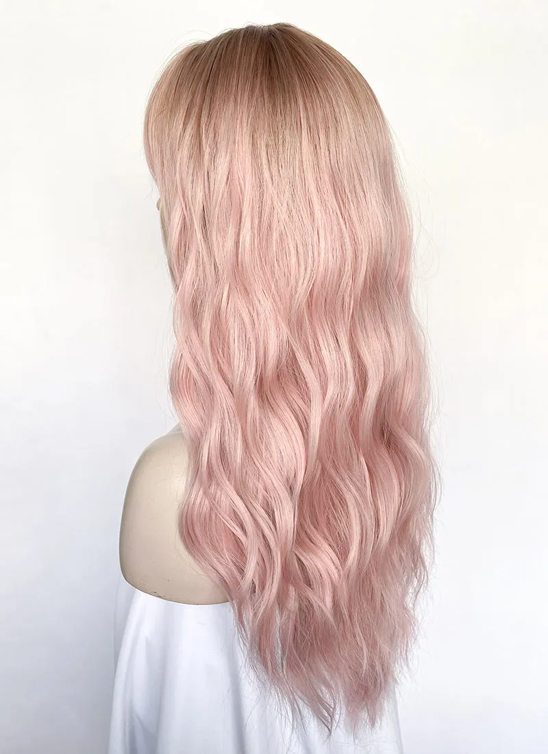 Pastel Pink With Brown Roots Wavy Synthetic Hair Wig NS516