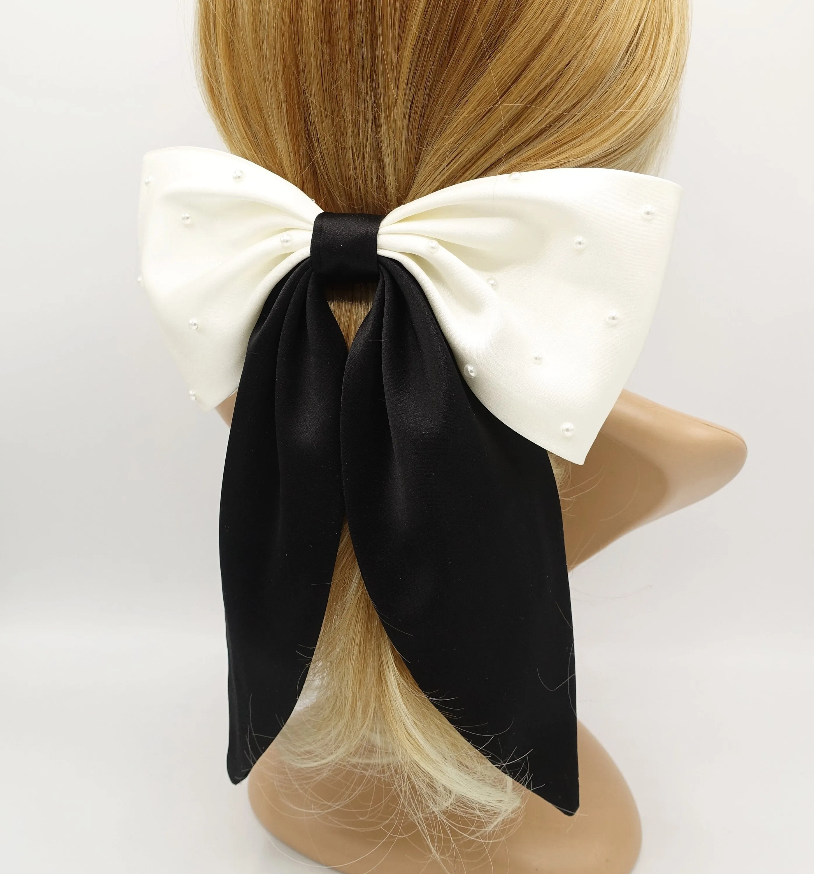 pearl embellished satin hair bow big size large hair bow for women