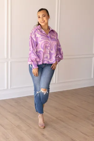 Retro Reverie Balloon-Sleeve Blouse in Purple Satin