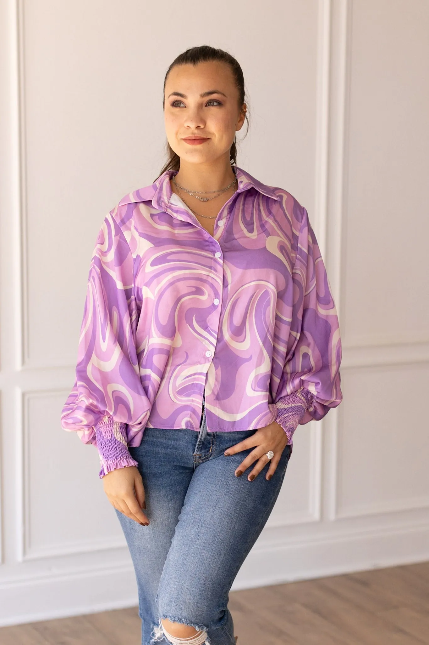 Retro Reverie Balloon-Sleeve Blouse in Purple Satin