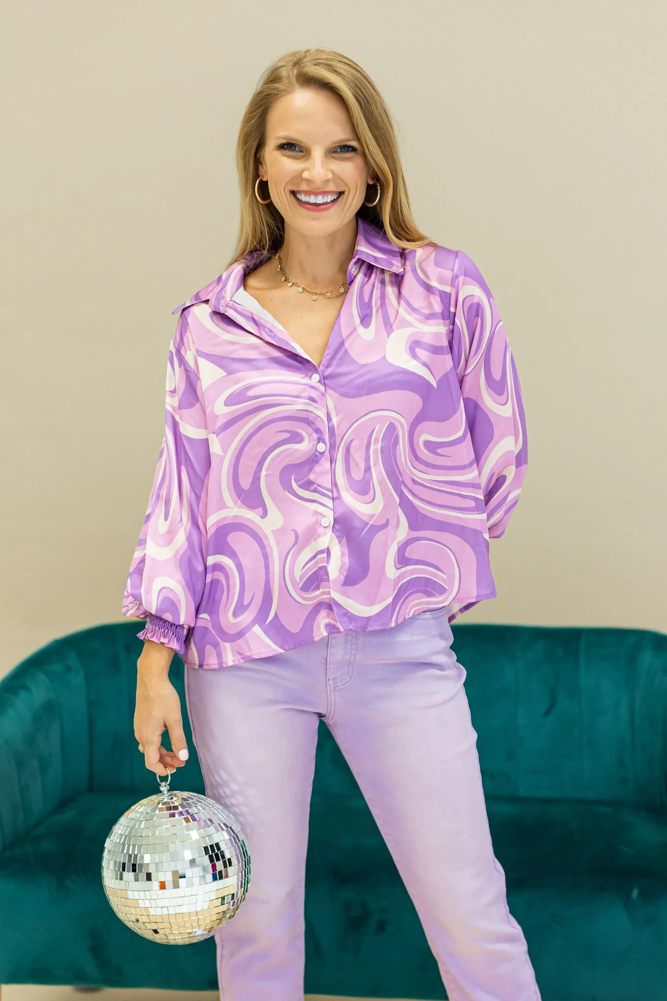 Retro Reverie Balloon-Sleeve Blouse in Purple Satin