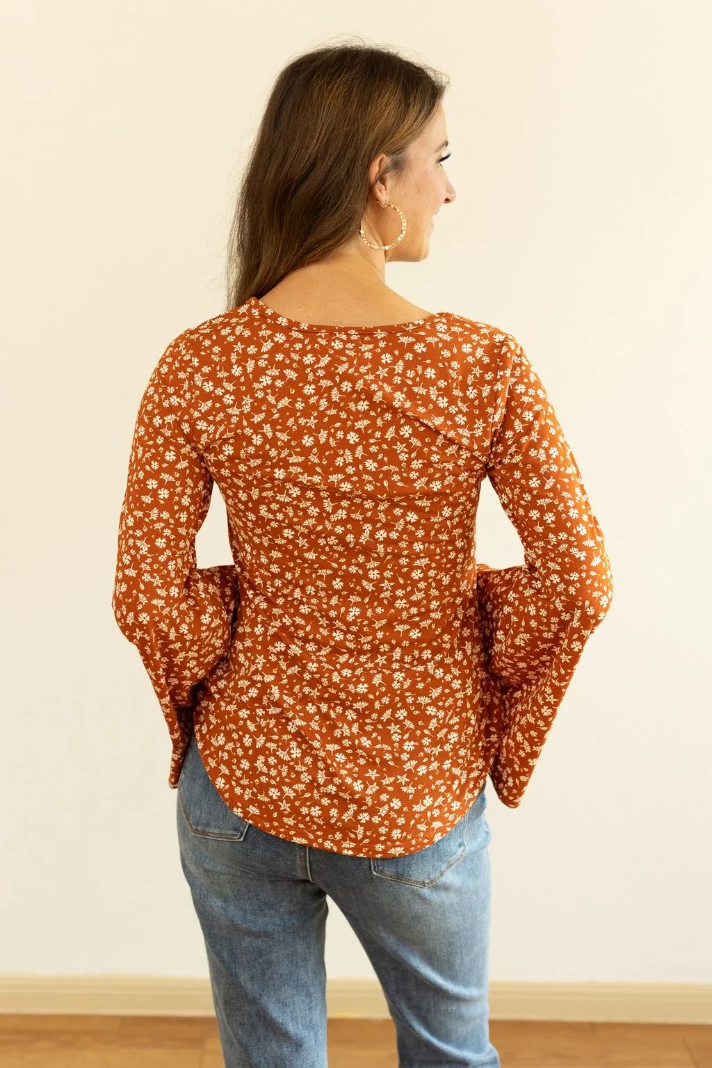 Rust Floral Bell Sleeve Top