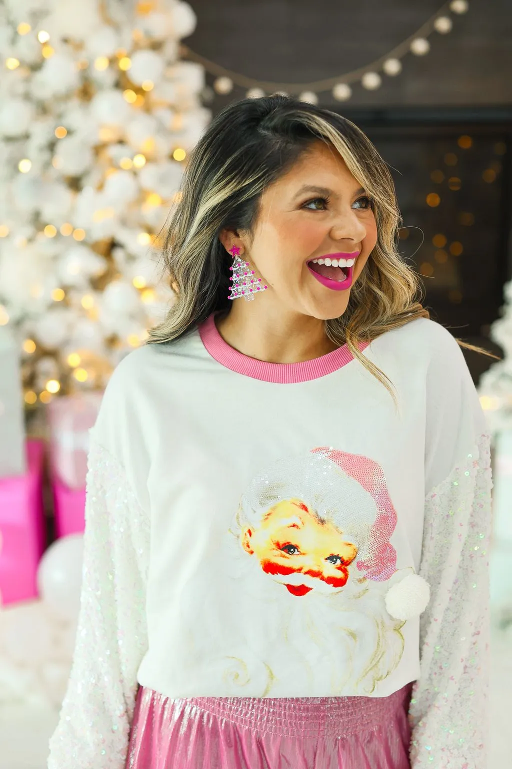 Santa Claus White Sweatshirt with Sequin Sleeves