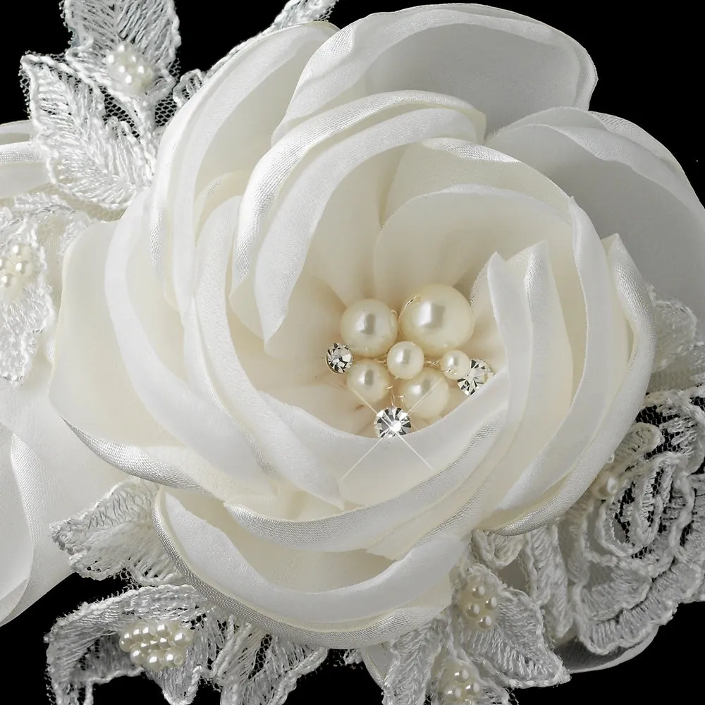 Satin Lace, Silk Roses, Pearls and Crystal Accents Hair Clip