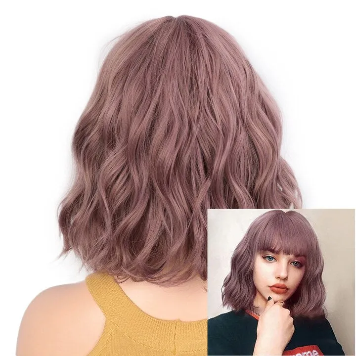 Short Bobo Wavy Synthetic Wigs for Women 8 Colors Cosplay yellow Red   Natural Bob Wig with Bang for white Girl