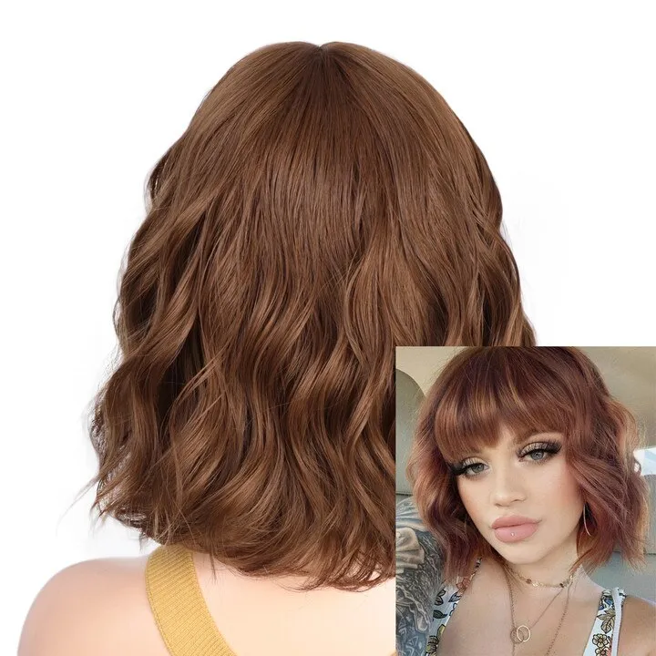 Short Bobo Wavy Synthetic Wigs for Women 8 Colors Cosplay yellow Red   Natural Bob Wig with Bang for white Girl