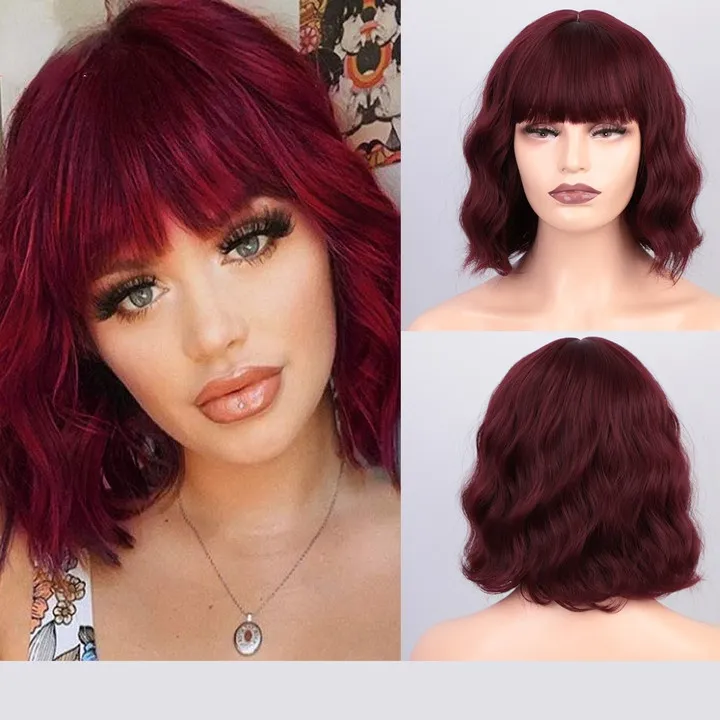 Short Bobo Wavy Synthetic Wigs for Women 8 Colors Cosplay yellow Red   Natural Bob Wig with Bang for white Girl