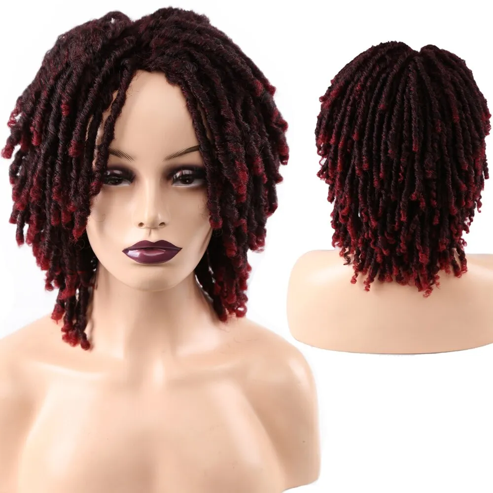 Short Burgundy Synthetic Wigs  Dreadlock Dreads African Hairstyle Braiding Crochet Twist Fiber Hair Wig