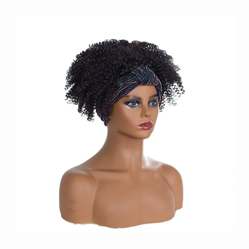 Short Headband Wig Drawstring Headwrap Wig Short Kinky Curly Soft Synthetic Hair Wig For Women