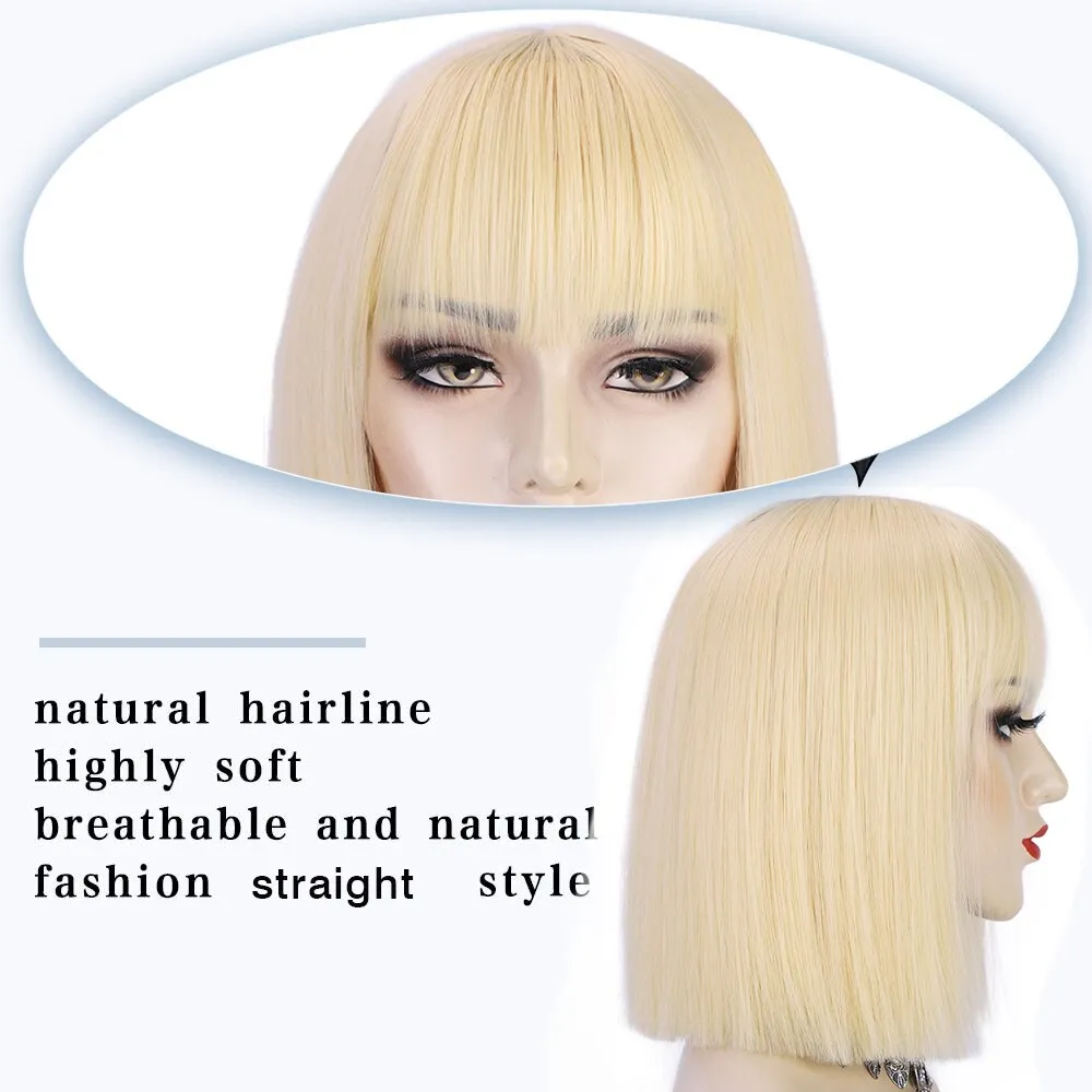 Short Straight Blonde Bob Wig With Bangs  Natural Hairline Wigs Girl's Pixie Heat Resistant Fiber