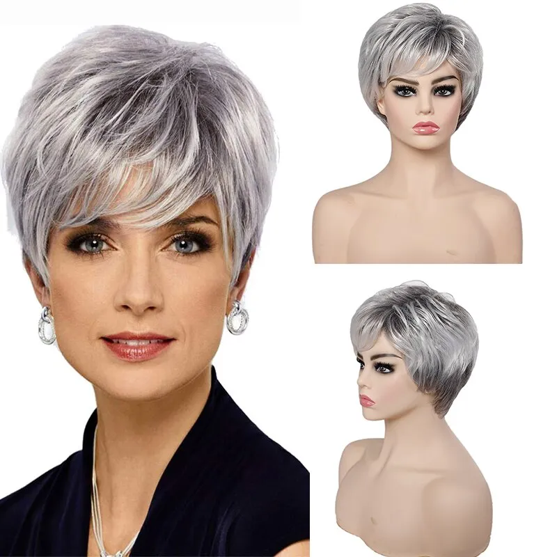 Short Straight Synthetic Hair Wig With Bangs Soft Silver White Heat Resistant Wig For Women