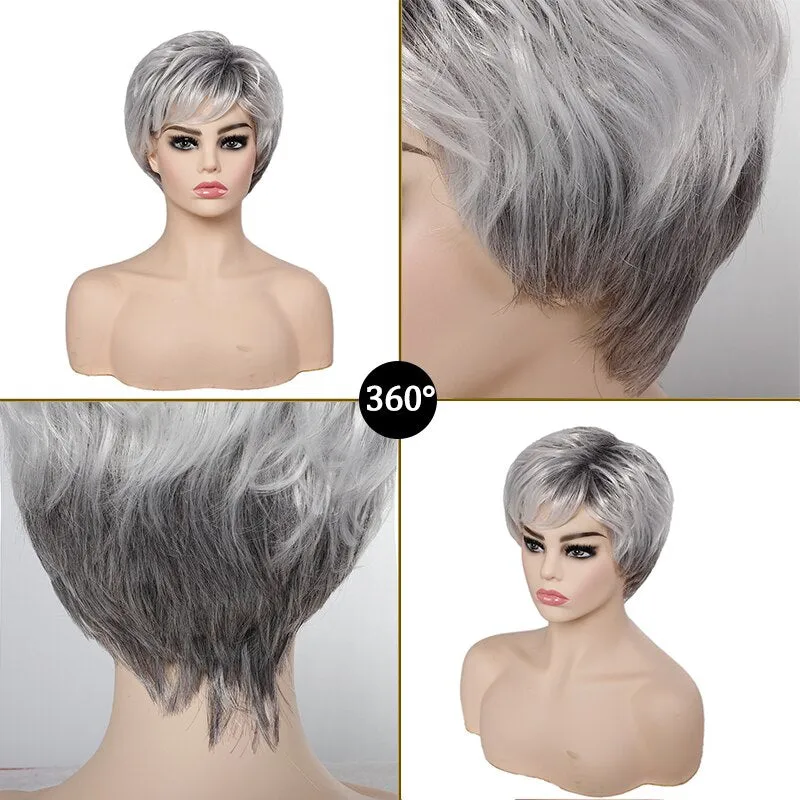 Short Straight Synthetic Hair Wig With Bangs Soft Silver White Heat Resistant Wig For Women