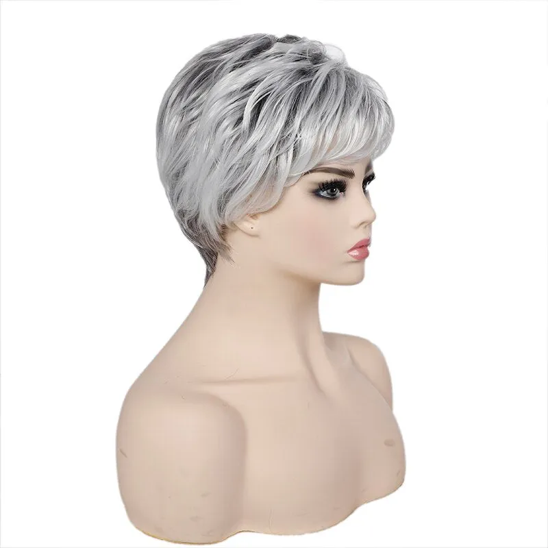 Short Straight Synthetic Hair Wig With Bangs Soft Silver White Heat Resistant Wig For Women