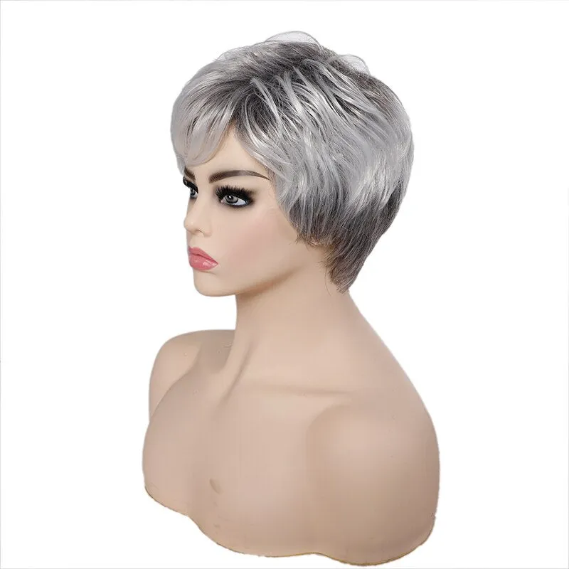 Short Straight Synthetic Hair Wig With Bangs Soft Silver White Heat Resistant Wig For Women