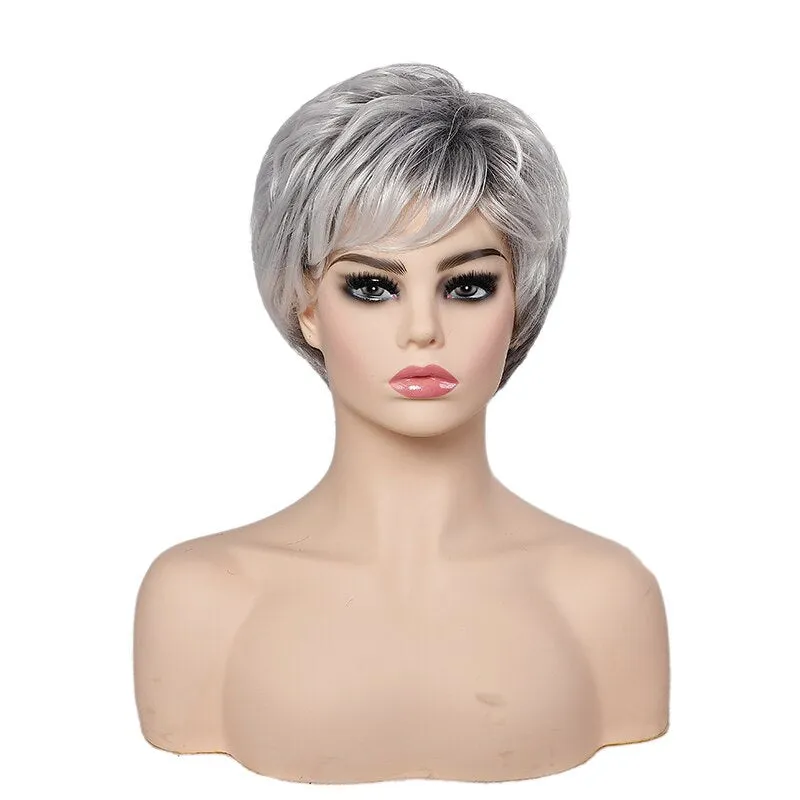 Short Straight Synthetic Hair Wig With Bangs Soft Silver White Heat Resistant Wig For Women