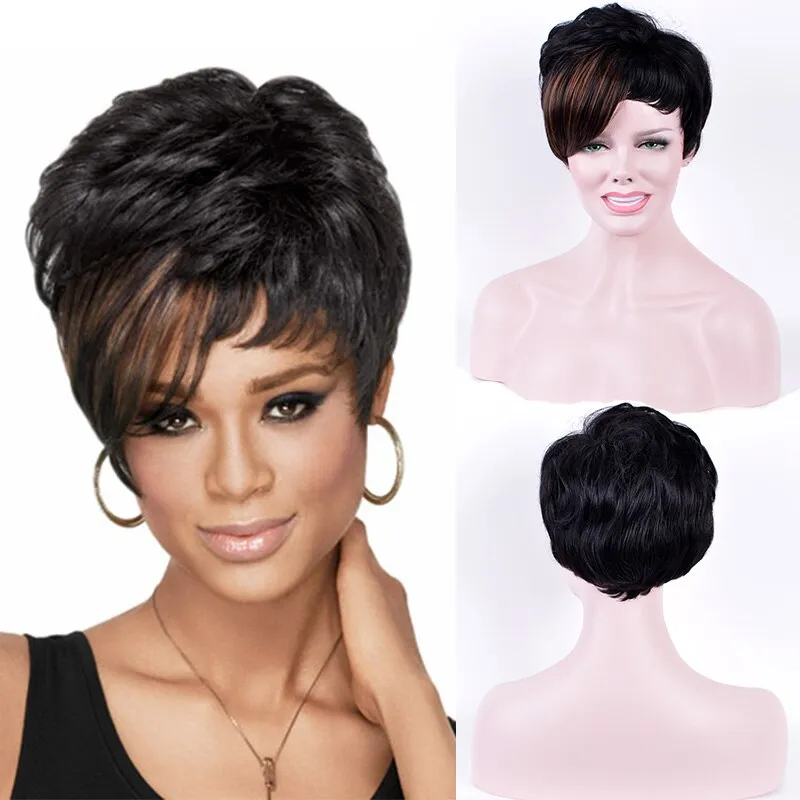 Short Synthetic Hair Mix Color Natural Straight Hair Wigs For Women Daily Wig With Pixie Cut Bangs High-temperature Fiber