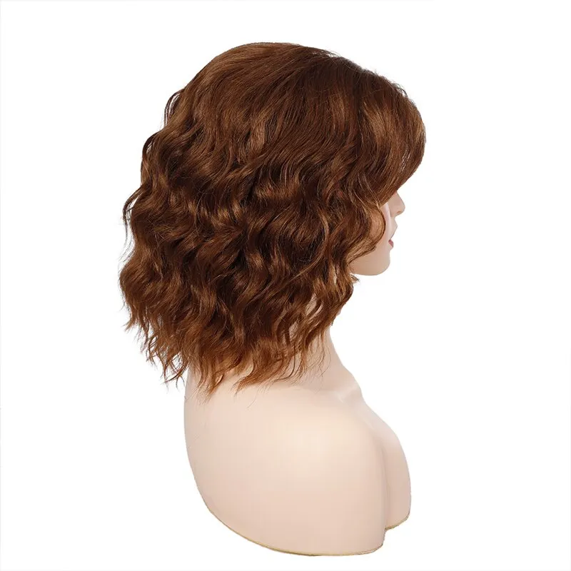 Short Wavy Bob Wig with Bangs Brown Synthetic Daily Hair Wigs  Heat Resistant Fiber Wigs