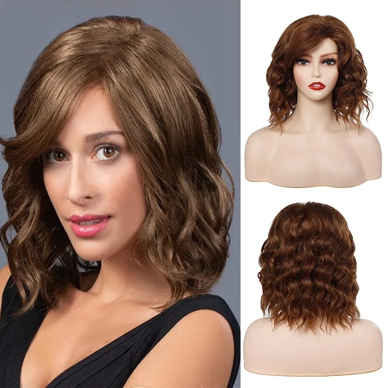 Short Wavy Bob Wig with Bangs Brown Synthetic Daily Hair Wigs  Heat Resistant Fiber Wigs